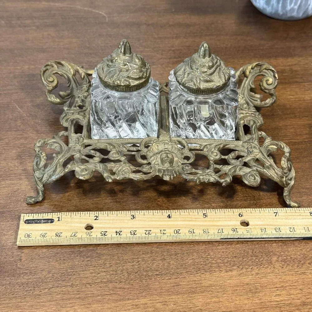 Antique Ornate Brass Double Inkwell Stand with Two Glass Ink Pots Victorian Era - Picture 9 of 11